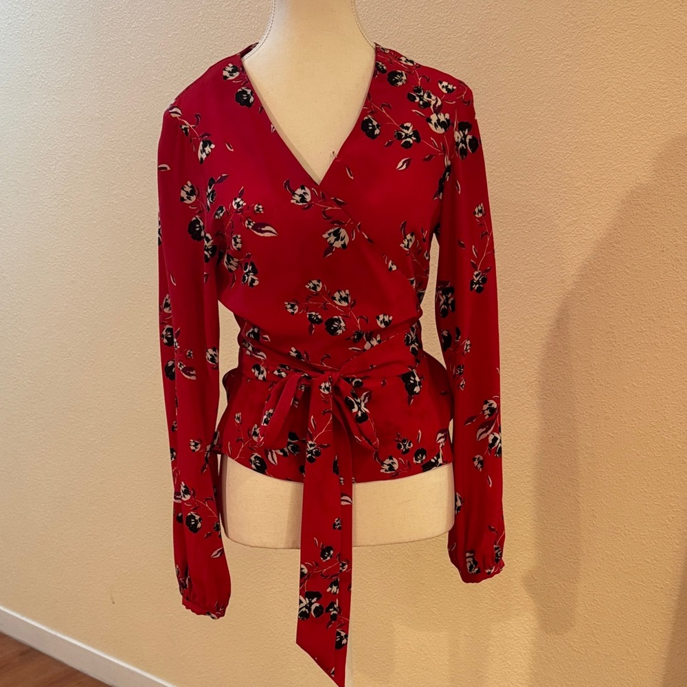 INTERMIX Red Floral Wrap Top